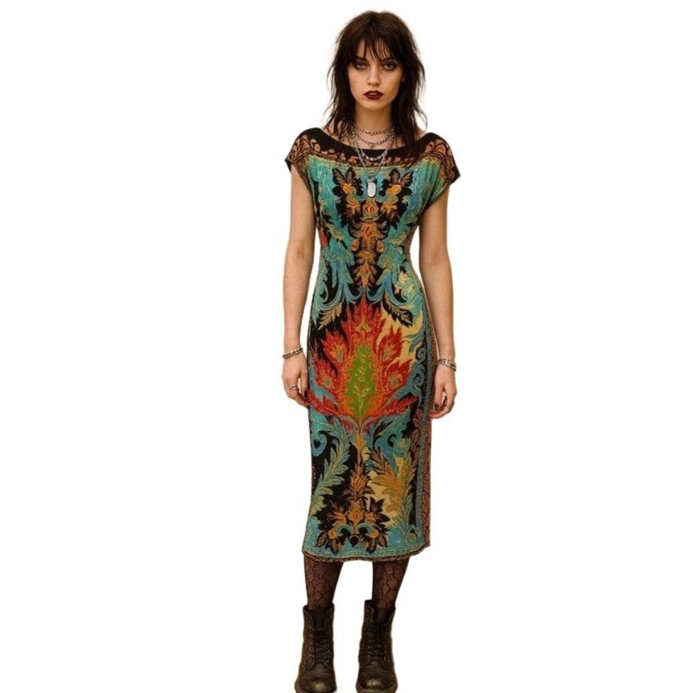 Gemma SUMMERTIME Boho Indie Patterned‎ Cap Sleeves Boat Neckl Maxi dress M